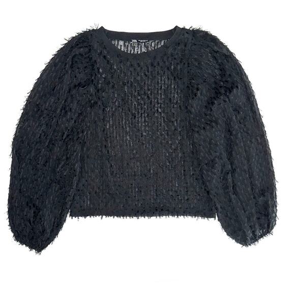 Zara Black Fringe Balloon Sleeve Top Size Small - Picture 3 of 12